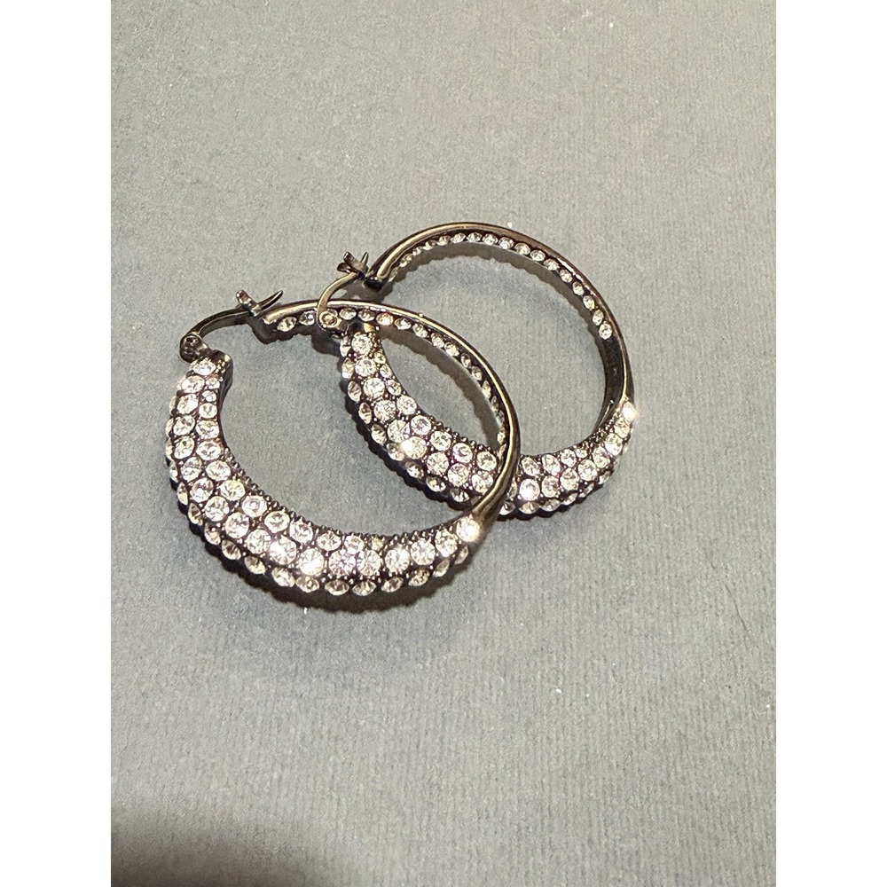 Rhinestone Hoop Earrings Gunmetal Silver Tone Pave Sparkle Statement Hoops